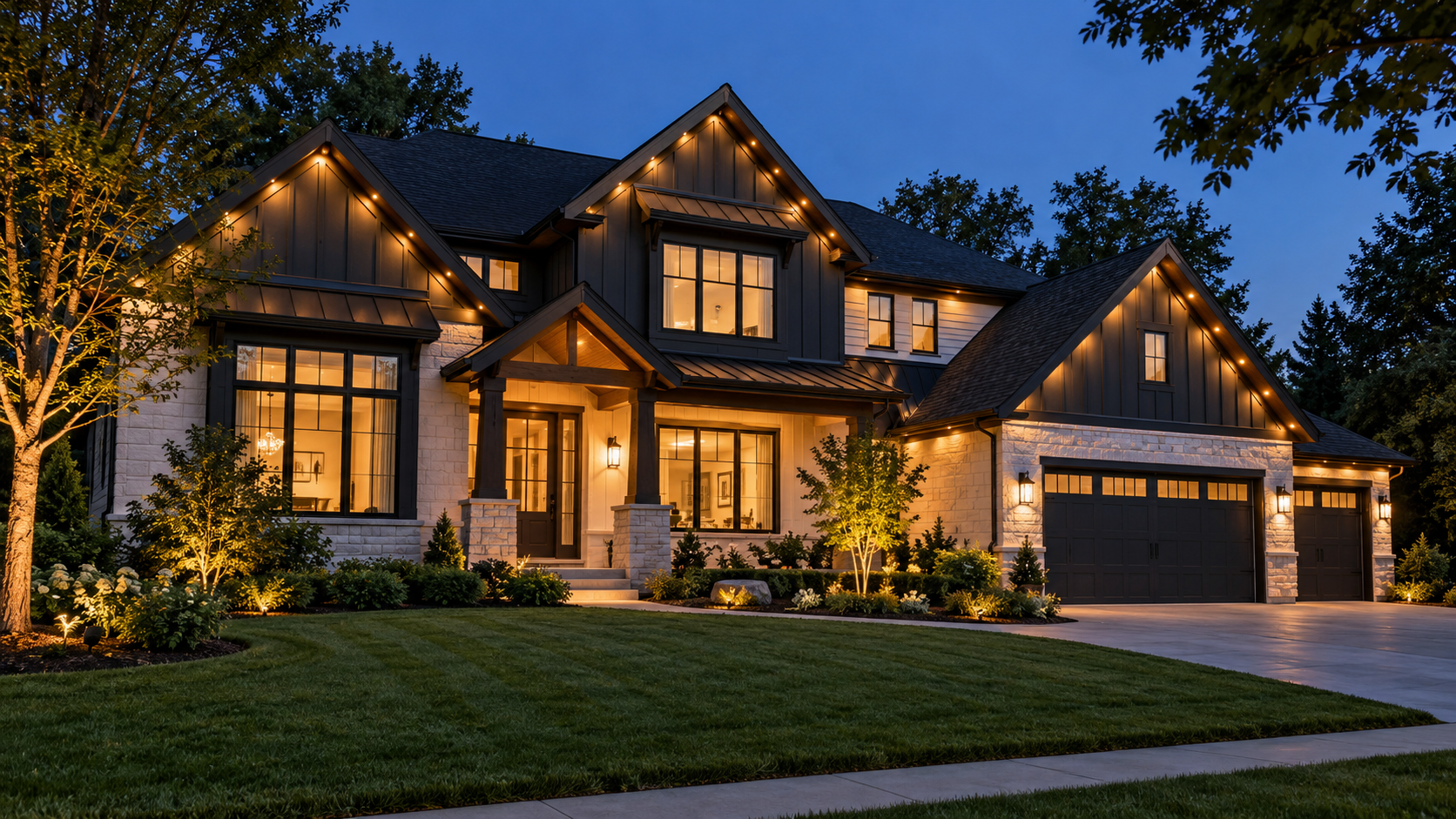Concept of a craftsman home with warm permanent lights along its roofline