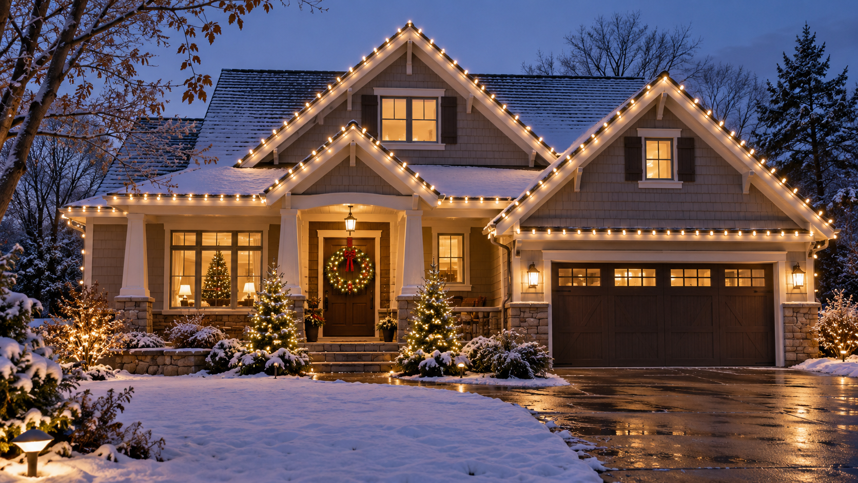 Christmas lighting concept with warm white roofline bulbs and a festive wreath